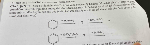 Hep tan e —‘→ Toluene → o -bromotoluene 
Câu 3. [KNTT - SBT] Biết nhóm thế -Br trong vòng benzene định hướng thể ưu tiên các vị trí ortho và para 
trong mỗi sơ đồ chuyển hoá sau đây (mỗi phản ứng chỉ xây ra một lần thể và các chất còn thiếu là sản phẩm còn nhóm thể -NO_2 trên định hướng thế vào vị trí meta. Hãy xác định cầu tạo và tên gọi của các chất còn thiêu 
chính của phản ứng).
+Br_2/FeBr_3 ? +HNO_3/H_2SO_4 ?
+HNO_3/H_2SO_4 ? _ +Br_2/FeBr_3 ? 
từng trong sơ đồ sau và gọi tên các sản nhẩm