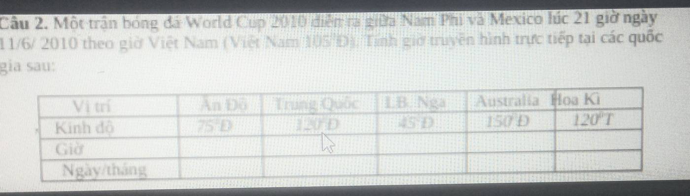Cầu 2. Một trận bóng đá World Cup 2010 diễn ra giữa Nam Phi và Mexico lúc 21 giờ ngày
11/6/ 2010 theo giờ Việt Nam (Việt Nam 105/Đ). Tính giờ truyền hình trực tiếp tại các quốc 
gia sau:
