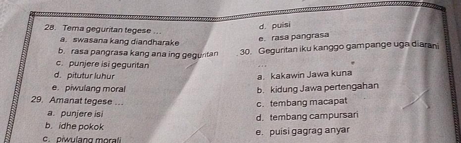 Tema geguritan tegese ..
d. puisi
a. swasana kang diandharake
e. rasa pangrasa
b. rasa pangrasa kang ana ing geguritan 30. Geguritan iku kanggo gampange uga diarani
c. punjere isi geguritan
d. pitutur luhur a. kakawin Jawa kuna
e. piwulang moral b. kidung Jawa pertengahan
29. Amanat tegese … c.tembang macapat
a. punjere isi
d.tembang campursari
b. idhe pokok
c. piwulang morali e. puisi gagrag anyar