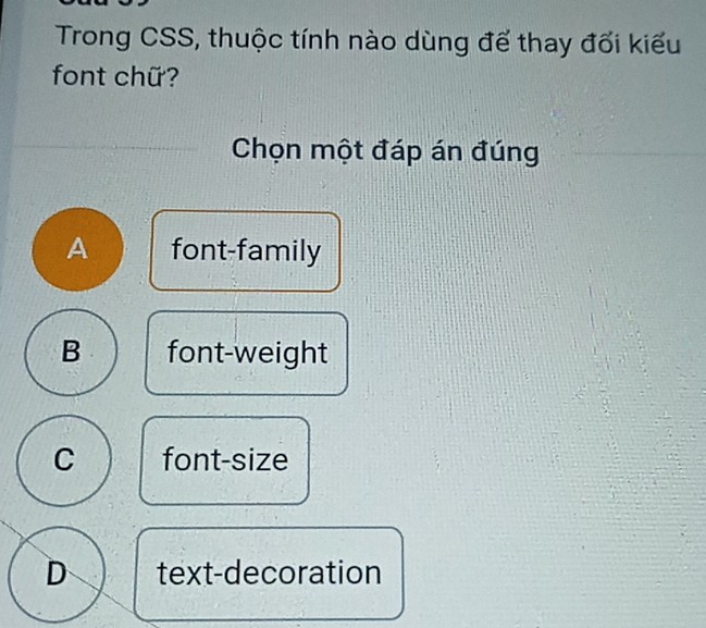 Trong CSS, thuộc tính nào dùng để thay đổi kiểu
font chữ?
Chọn một đáp án đúng
A font-family
B font-weight
C font-size
D text-decoration