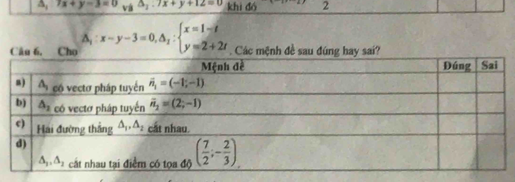 A 7x+y-3=0 vá △ _1:7x+y+12=0 khí đó 2
Câu 6, Cho △ _1:x-y-3=0,△ _1:beginarrayl x=1-t y=2+2tendarray. Các mệnh đề sau đúng hay sai?