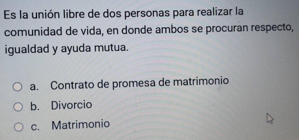 Es la unión libre de dos personas para realizar la
comunidad de vida, en donde ambos se procuran respecto,
igualdad y ayuda mutua.
a. Contrato de promesa de matrimonio
b. Divorcio
c. Matrimonio