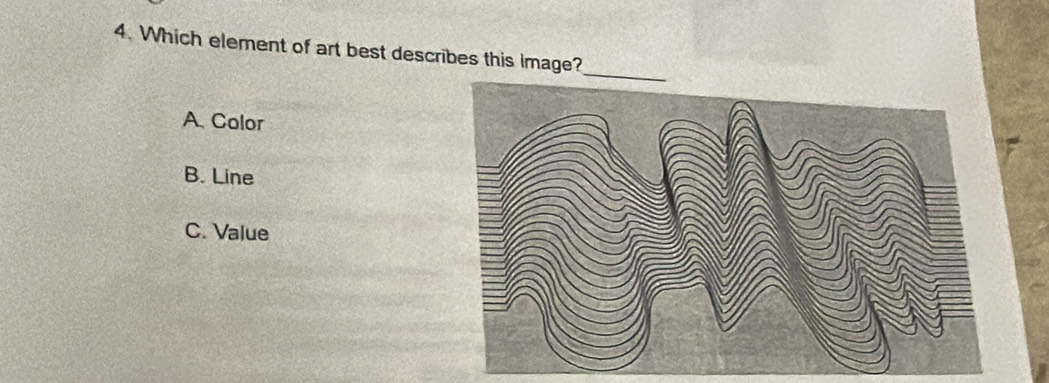 Which element of art best describes this image?
A. Color
B. Line
C. Value