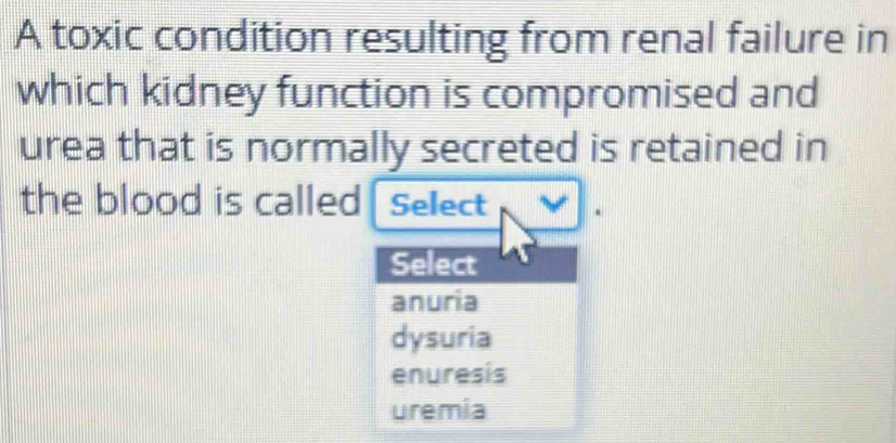 A toxic condition resulting from renal failure in
which kidney function is compromised and
urea that is normally secreted is retained in
the blood is called Select
Select
anuria
dysuria
enuresis
uremia