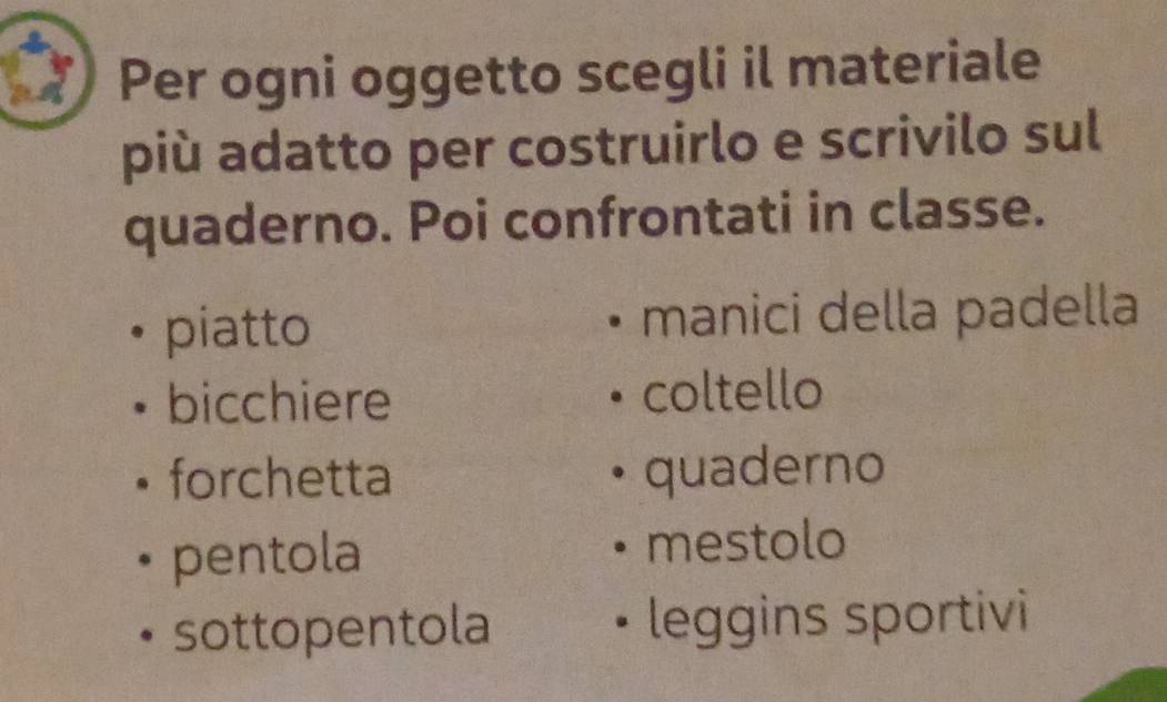 Per ogni oggetto scegli il materiale 
più adatto per costruirlo e scrivilo sul 
quaderno. Poi confrontati in classe. 
piatto manici della padella 
bicchiere coltello 
forchetta quaderno 
pentola 
mestolo 
sottopentola leggins sportivi