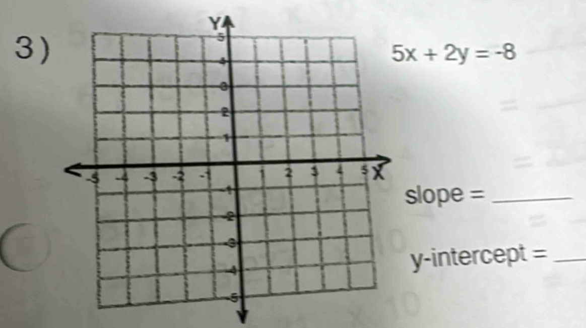 5x+2y=-8
slope =_ 
y-intercept =_