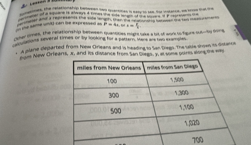Sometimes, the relationship between two quantities is easy to see. for instance, we know that the 
perimeter of a square is always 4 times the side length of the square.  P represents the 
perimeter and 3 represents the side length, then the relationship between the two measurements 
in the same unit) can be expressed as P=4s , or s= p/4 . 
Other times, the relationship between quantities might take a bit of work to figure out—by doing 
calculations several times or by looking for a pattern. Here are two examples. 
A plane departed from New Orleans and is heading to San Diego. The table shows its distance 
from New Orleans, x, and its distance from San Diego, y, at some points along the way