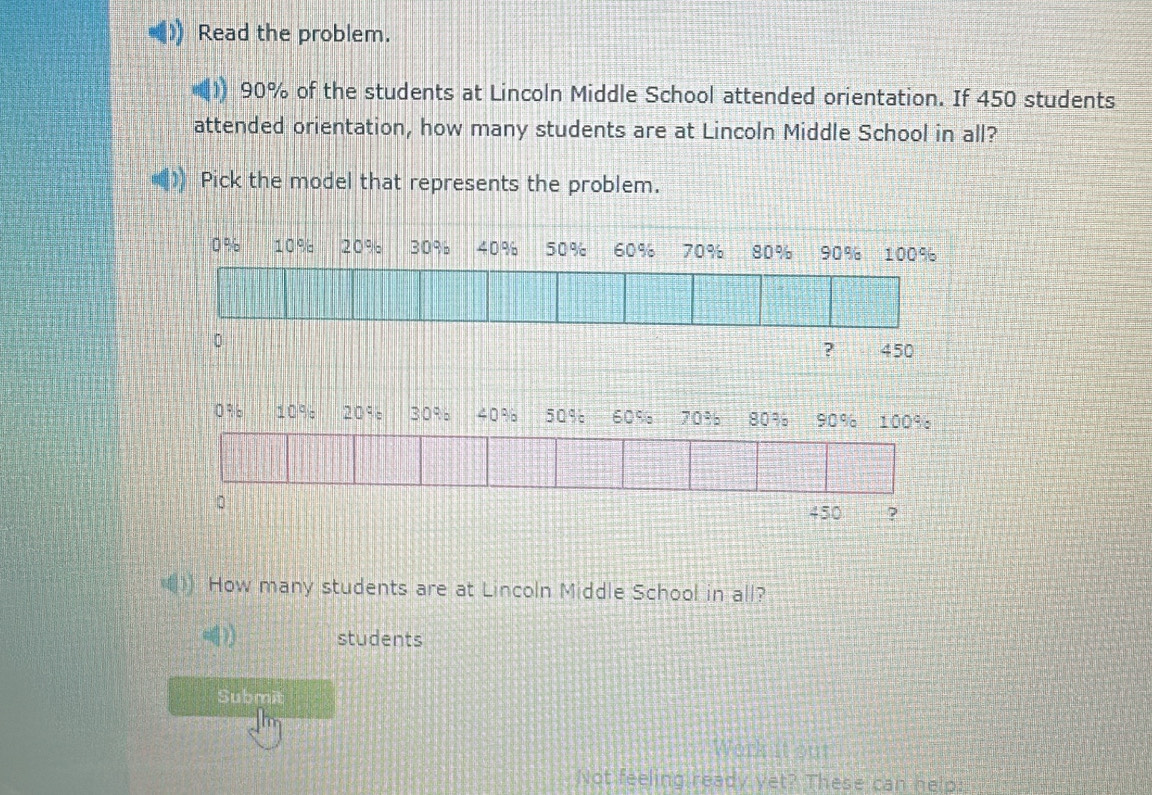 Read the problem.
90% of the students at Lincoln Middle School attended orientation. If 450 students 
attended orientation, how many students are at Lincoln Middle School in all? 
Pick the model that represents the problem.
0% 10% 20% 30% 40% 50% 60% 70% 80% 90% 100%
0
? 450
How many students are at Lincoln Middle School in all? 
students 
Submit 
Work it out 
Not feeling ready yet? These can help: