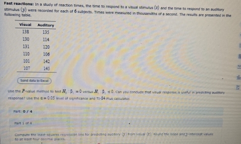 Fast reactions: In a study of reaction times, the time to respond to a visual stimulus (2) and the time to respond to an auditory 
stimulus (y) were recorded for each of 6 subjects. Times were measured in thousandths of a second. The results are presented in the 
following table. 
1 
Send data to Excel 
Use the P -value method to test H_0:beta _1=0 versul H_1:mu _1<0</tex> . Can you conclude that visual response is useful in predicting auditory 
response? Lise the alpha =0.05 level of significance and TI-84 Plus calculator. 
Part: 0 / 4 
Part 1 nf 4 
to at least four decimal places. Compute the least-squares regression line for predicting auditory (3) from visual (X). Round the sioge and 3 -nterrept values