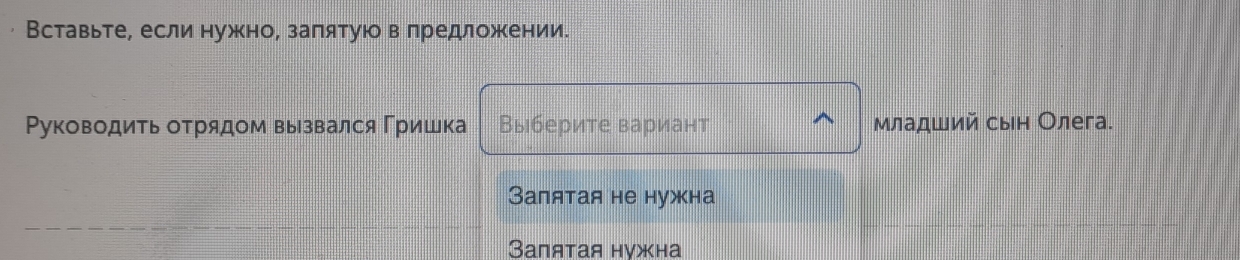 Вставьте, если нужно, заπятую в предложении.
Ρуководиτь оτрядом вызвался Γришка Выберите вариант младший сын Олега.
Залятая не нужна
Вапятая нνжна