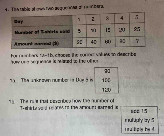 The table shows two sequences of numbers.
For numbers 1a-1b, choose the correct values to describe
how one sequence is related to the other.
90
1a. The unknown number in Day 5 is 100
120
1b. The rule that describes how the number of
T-shirts sold relates to the amount earned is add 15
multiply by 5
multiply by 4