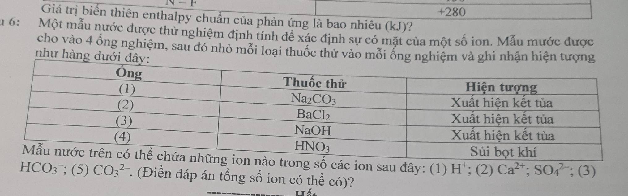 IV-F
+280
Giá trị biến thiên enthalpy chuẩn của phản ứng là bao nhiêu (kJ)?
u 6:  Một mẫu nước được thử nghiệm định tính để xác định sự có mặt của một số ion. Mẫu mước được
cho vào 4 ống nghiệm, sau đó nhỏ mỗi loại thuốc thử vào mỗi ốn
như hàng d
số các ion sau đây: (1) H^+; (2) Ca^(2+);SO_4^(2-); (3)
_
HCO_3^-; (5) CO_3^(2-) *. (Điền đáp án tổng số ion có thể có)?