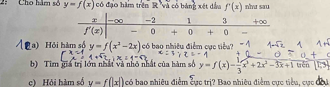 2: Cho hàm số y=f(x) có đạo hàm trên R 'và có bảng xét dấu f'(x) như sau
a) Hỏi hàm số y=f(x^2-2x) có bao nhiêu điểm cực tiểu?
b) Tìm giá trị lớn nhất và nhỏ nhất của hàm số y=f(x)- 1/3 x^3+2x^2-3x+1 trển 1;3
c) Hỏi hàm số y=f(|x|) có bao nhiêu điểm cực trị? Bao nhiêu điểm cực tiểu, cực đời