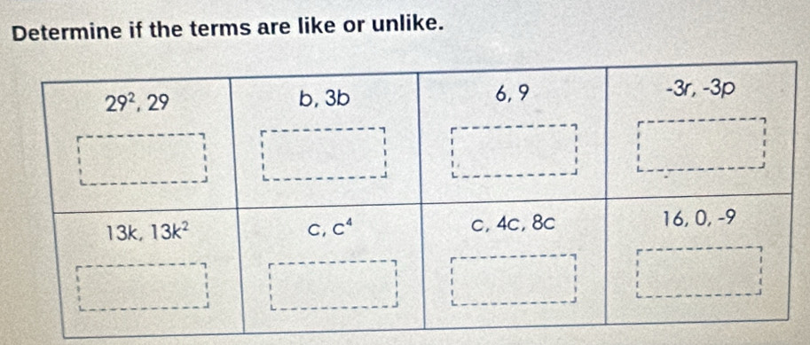 Determine if the terms are like or unlike.