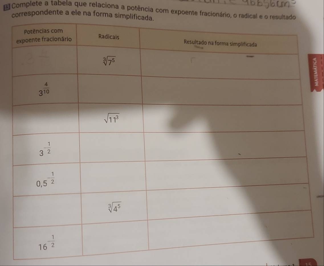 Complete a tabela que relaciona a potência com expoente fracioná
respondente a ele na form
a
15