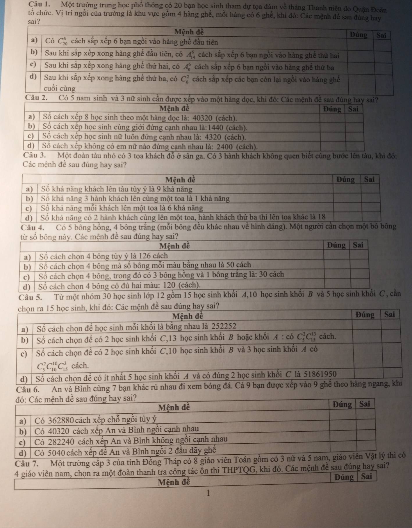 Một trường trung học phổ thông có 20 bạn học sinh tham dự tọa đàm về tháng Thanh niên do Quận Đoàn
tổ chức. Vị trí ngồi của trường là khu vực gồm 4 hàng ghế, mỗi hàng có 6 ghể, khi đó: Các mệnh đề sau đúng hay
sai?
vào một hàng dọc, khi đó: Các mệnh đề sau đúng hay sai?
Câu 3. Một đoàn tàu nhỏ có 3 toa khách đồ ở sân ga. Có 3 hành khách không quen biết cùng bước lên tàu, khi đó:
Các mệnh đề sau đúng hay sai?
Câu 4. Có 5 bông hồng, 4 bông trắng (mỗi bông đều khác nhau về hình dáng). Một người cần chọn một bó bông
Câu 5. Từ một nhóm 30 học sinh lớp 12 gồm 15 học sinh khối A,10 học sinh khối B và 5 học sinh khối C, cần
khi đó: Các mệnh đề sau đúng hay sai?
Câu 6. An và Bình cùng 7
Câu 7. Một trường cấp 3 của tỉnh Đồng Tháp có 8 giáo viên Toán gồm có 3 nữ và 5 nam, giáo viên Vật 
4 giáo viên nam, chọn ra một đoàn thanh tra công tác ôn thi THPTQG, khi đó. Các mệnh đề sau đúng hay sai?
Đúng
Mệnh đề Sai
1
