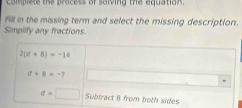 complete the process or solving the equation.
Fill in the missing term and select the missing description.
Simplify any fractions.