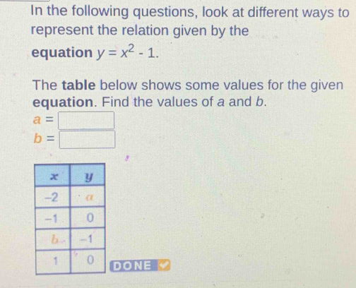 In the following questions, look at different ways to 
represent the relation given by the 
equation y=x^2-1. 
The table below shows some values for the given 
equation. Find the values of a and b.
a=□
b=□
DONE