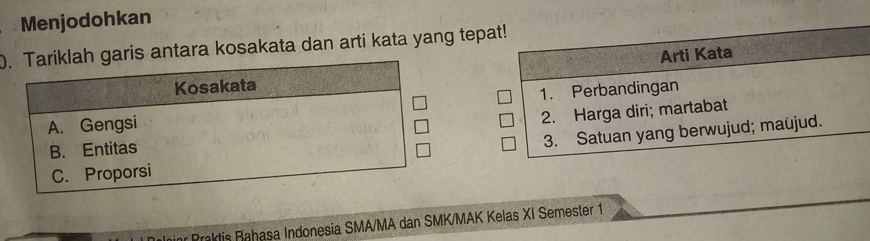 Menjodohkan 
.h garis antara kosakata dan arti kata yang tepa 
r Praktis Rahasa Indonesia SMA/MA dan SMK/MAK Kelas XI Semester 1