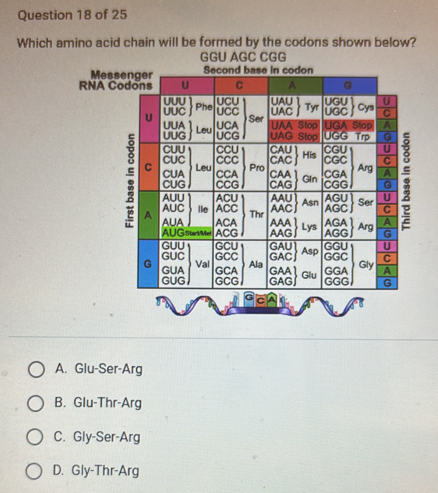 Which amino acid chain will be formed by the codons shown below?
GGU AGC CGG
Mess
RNA Co
C
A. Glu-Ser-Arg
B. Glu-Thr-Arg
C. Gly-Ser-Arg
D. Gly-Thr-Arg
