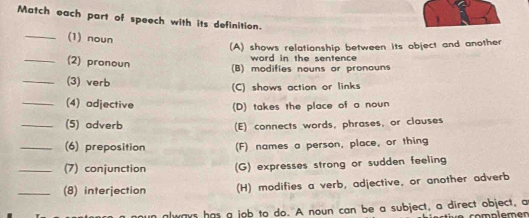 Match each part of speech with its definition.
_(1) noun
(A) shows relationship between its object and another
_(2) pronoun
word in the sentence
(B) modifies nouns or pronouns
_(3) verb
(C) shows action or links
_(4) adjective (D) takes the place of a noun
_(5) adverb (E) connects words, phrases, or clauses
_(6) preposition (F) names a person, place, or thing
_(7) conjunction (G) expresses strong or sudden feeling
_(8) interjection (H) modifies a verb, adjective, or another adverb
oun always has a job to do. A noun can be a subject, a direct object, a