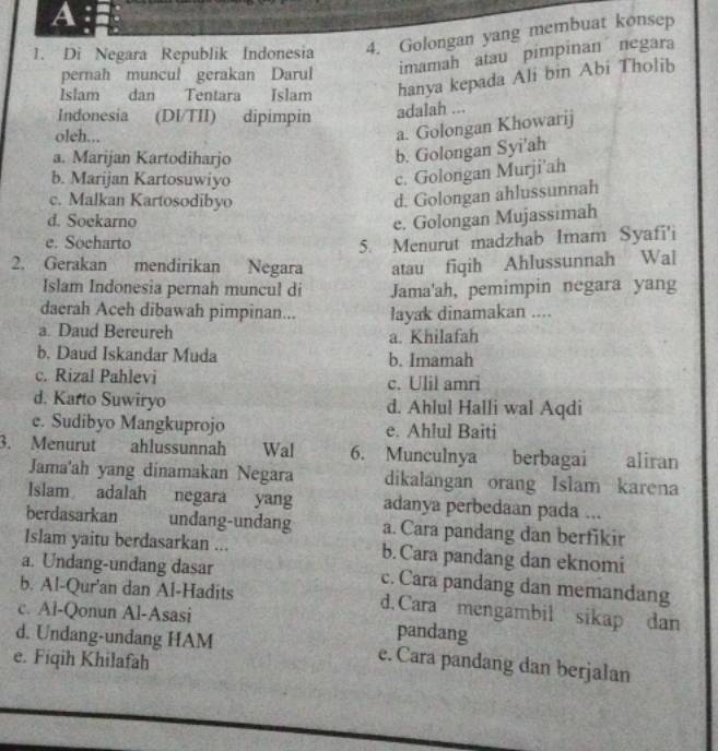 A :
1. Di Negara Republik Indonesia 4. Golongan yang membuat konsep
pernah muncul gerakan Darul
imamah atau pimpinan negara
Islam dan Tentara Islam hanya kepada Ali bin Abi Tholib
Indonesia (DI/TII) _ dipimpin adalah ...
oleh...
a. Golongan Khowarij
a. Marijan Kartodiharjo
b. Golongan Syi'ah
b. Marijan Kartosuwiyo
c. Golongan Murji’ah
c. Malkan Kartosodibyo
d. Golongan ahlussunnah
d. Soekarno e. Golongan Mujassimah
e. Socharto 5. Menurut madzhab Imam Syafi'i
2. Gerakan mendirikan Negara atau fiqih Ahlussunnah Wal
Islam Indonesia pernah muncul di Jama'ah, pemimpin negara yang
daerah Aceh dibawah pimpinan...
a. Daud Bereureh layak dinamakan ....
a. Khilafah
b. Daud Iskandar Muda b. Imamah
c. Rizal Pahlevi c. Ulil amri
d. Karto Suwiryo d. Ahlul Halli wal Aqdi
e. Sudibyo Mangkuprojo e. Ahlul Baiti
3. Menurut ahlussunnah Wal 6. Munculnya berbagai aliran
Jama'ah yang dinamakan Negara dikalangan orang Islam karena
Islam adalah negara yang adanya perbedaan pada ...
berdasarkan undang-undang a. Cara pandang dan berfikir
Islam yaitu berdasarkan ... b. Cara pandang dan eknomi
a. Undang-undang dasar c. Cara pandang dan memandang
b. Al-Qur'an dan Al-Hadits d.Cara mengambil sikap dan
c. Al-Qonun Al-Asasi pandang
d. Undang-undang HAM e. Cara pandang dan berjalan
e. Fiqih Khilafah