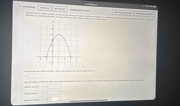 webassign.met イ 1 0 0 9% - 
5. [-/5 Points] DETAILS MY NOTES LAR CALCET8 4.1.011. ASK YOUR TEACHER PRACTICE ANOTHER 
Approximate the critical numbers of the function shown in the graph. Determine whether the function has a relative maximum, a relative minimum, an absolute 
maximurn, an absolute minimum, or none of these at each critical number on the Interval shown. 
Approximate the critical numbers. (Enter your answers as a comma-separated list.)
x=□
List the critical numbers at which each phenomenon occurs. (Enter your answers as a comma-separated list. If an answer does not exist, enter DNE.) 
relative maxima x=□
relative mínima x=□
absolute maxima x=□ _