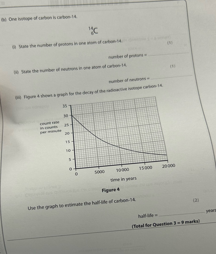 One isotope of carbon is carbon -14.
_6^(14)C
(i) State the number of protons in one atom of carbon -14. 
(1) 
number of protons =
_ 
(ii) State the number of neutrons in one atom of carbon- 14. 
(1) 
number of neutrons =
_ 
(iii) Figur the decay of the radioactive isotope carbon -14. 
Use the graph to estimate the half-life of carbon- 14. 
(2) 
half-life = _years 
(Total for Question 3=9 marks)