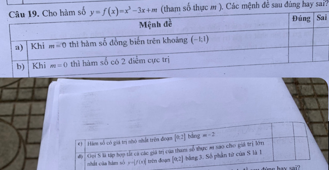 (tham số thực m ). Các mệnh đề sau đúng hay sai?
i
dúng ha