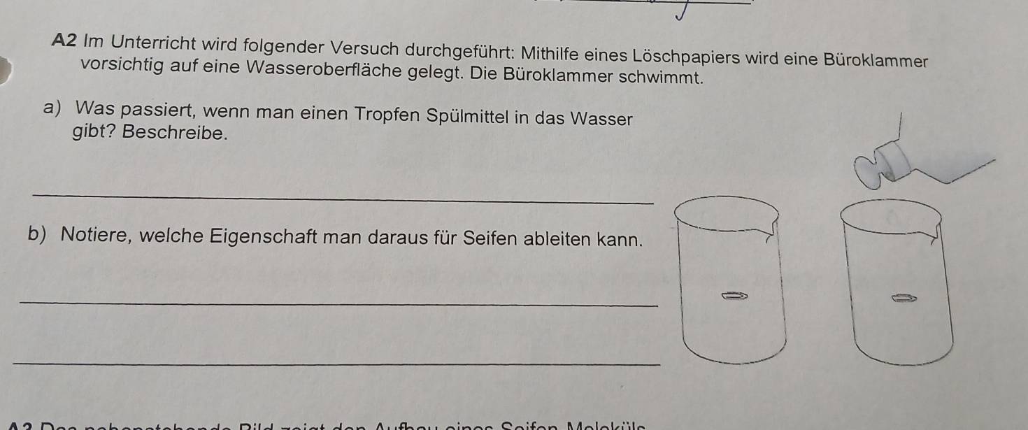 A2 Im Unterricht wird folgender Versuch durchgeführt: Mithilfe eines Löschpapiers wird eine Büroklammer 
vorsichtig auf eine Wasseroberfläche gelegt. Die Büroklammer schwimmt. 
a) Was passiert, wenn man einen Tropfen Spülmittel in das Wasser 
gibt? Beschreibe. 
_ 
b) Notiere, welche Eigenschaft man daraus für Seifen ableiten kann. 
_ 
_ 
Meleküls