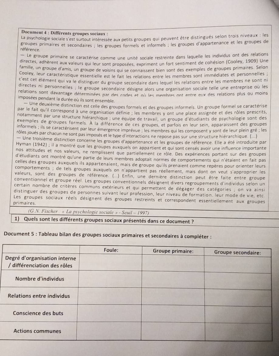 Document 4 : Différents groupes sociaux :
La psychologie sociale s'est surtout intéressée aux petits groupes qui peuvent être distingués selon trois niveaux : les
groupes primaires et secondaires ; les groupes formels et informels ; les groupes d'appartenance et les groupes de
référence.
Le groupe primaire se caractérise comme une unité sociale restreinte dans laquelle les individus ont des relations
directes, adhèrent aux valeurs qui leur sont proposées, expriment un fort sentiment de cohésion (Cooley, 1909) Une
famille, un groupe d'amis, un groupe de voisins qui se connaissent bien sont des exemples de groupes primaires. Selon
Cooley, leur caractéristique essentielle est le fait les relations entre les membres sont immédiates et personnelles ;
c'est cet élément qui va le distinguer du groupe secondaire dans lequel les relations entre les membres ne sont ne
directes ni personnelles ; le groupe secondaire désigne alors une organisation sociale telle une entreprise où les
relations sont davantage déterminées par des codes et où les membres ont entre eux des relations plus ou moins
imposées pendant la durée où ils sont ensemble.
— Une deuxième distinction est celle des groupes formels et des groupes informels. Un groupe formel se caractérise
par le fait qu'il correspond à une organisation définie ; les membres y ont une place assignée et des rôles prescrits,
notamment par une structure hiérarchique ; une équipe de travail, un groupe d'étudiants de psychologie sont des
exemples de groupes formels. À la différence de ces groupes, et parfois en leur sein, apparaissent des groupes
informels ; ils se caractérisent par leur émergence imprévue ; les membres qui les composent y sont de leur plein gré ; les
rôles joués par chacun ne sont pas imposés et le type d'interactions ne repose pas sur une structure hiérarchique. (...)
— Une troisième distinction concerne les groupes d'appartenance et les groupes de référence. Elle a été introduite par
Hyman (1942) ; il a montré que les groupes auxquels on appartient et qui sont censés avoir une influence importante
nos attitudes et nos valeurs, ne remplissent que partiellement ce rôle. Des expériences portant sur des groupes
d'étudiants ont montré qu'une partie de leurs membres adoptait normes de comportements qui n'étaient en fait pas
celles des groupes auxquels ils appartenaient, mais de groupe qu'ils prenaient comme repères pour orienter leurs
comportements ; de tels groupes auxquels on n'appartient pas réellement, mais dont on veut s'approprier les
valeurs, sont des groupes de référence. (...) Enfin, une dernière distinction peut être faite entre groupe
conventionnel et groupe réel. Les groupes conventionnels désignent divers regroupements d'individus selon un
certain nombre de critères communs extérieurs et qui permettent de dégager des catégories ; on va ainsi
distinguer des groupes de personnes suivant leur profession, leur niveau de formation. leur mode de vie, etc
Les groupes sociaux réels désignent des groupes restreints et correspondent essentiellement aux groupes
primaires
(G.N. Fischer : « La psychologie sociale » - Seuil - 1997)
1) Quels sont les différents groupes sociaux présentés dans ce document ?
Document 5 : Tableau bilan des groupes sociaux primaires et secondaires à compléter :