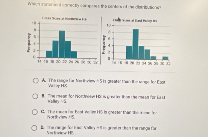 Which statement correctly compares the centers of the distributions?
A. The range for Northview HS is greater than the range for East
Valley HS.
B. The mean for Northview HS is greater than the mean for East
Valley HS.
C. The mean for East Valley HS is greater than the mean for
Northview HS.
D. The range for East Valley HS is greater than the range for
Northview HS.