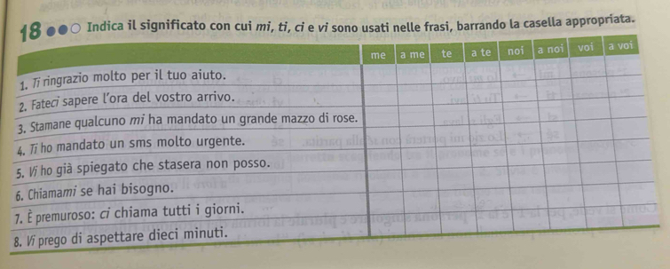 Indica il significato con cui mi, ti, ci e vi sono usati nelle frasi, barrando la casella appropriata.