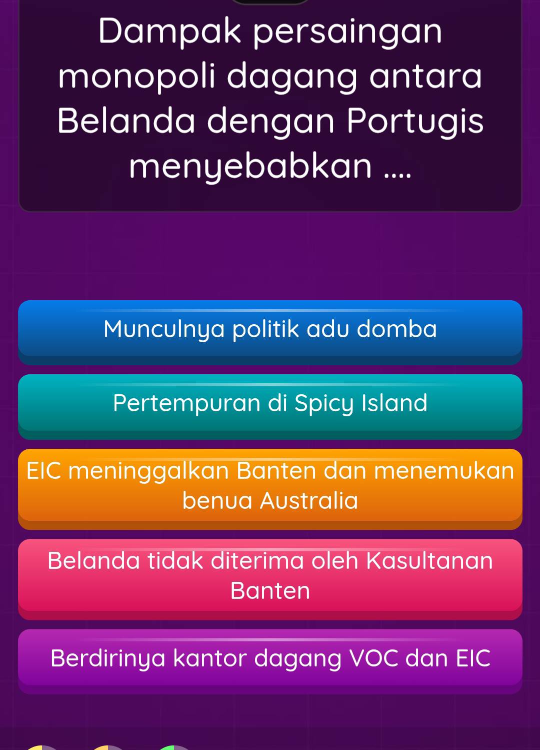 Dampak persaingan
monopoli dagang antara
Belanda dengan Portugis
menyebabkan ....
Munculnya politik adu domba
Pertempuran di Spicy Island
EIC meninggalkan Banten dan menemukan
benua Australia
Belanda tidak diterima oleh Kasultanan
Banten
Berdirinya kantor dagang VOC dan EIC