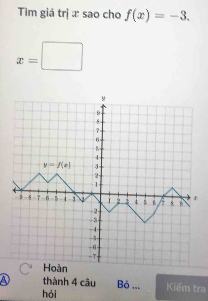 Tìm giá trị x sao cho f(x)=-3.
x=□
a thành 4 câu Bỏ ... Kiểm tra
hỏi