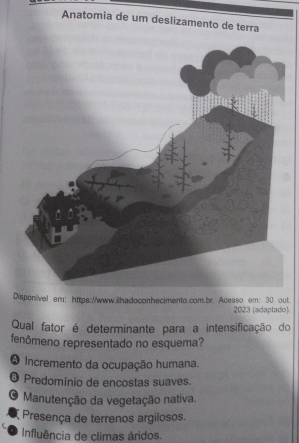 Anatomia de um deslizamento de terra
Disponível em: https://www.ilhadoconhecimento.com.br. Acesso em: 30 out.
2023 (adaptado).
Qual fator é determinante para a intensificação do
fenômeno representado no esquema?
A Incremento da ocupação humana.
® Predomínio de encostas suaves.
Manutenção da vegetação nativa.
Presença de terrenos argilosos.
Influência de climas áridos.