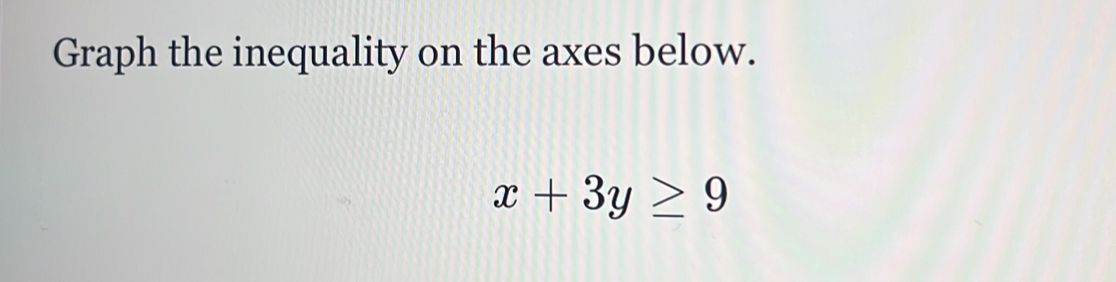 Graph the inequality on the axes below.
x+3y≥ 9