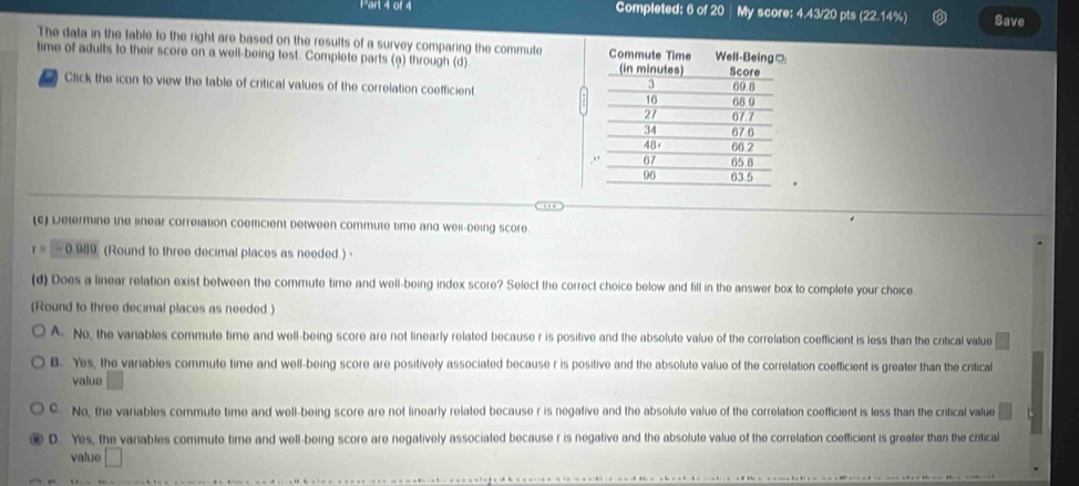 ol 4 Completed: 6 of 20 | My score: 4.43/20 pts (22.14%) Save
The data in the table to the right are based on the results of a survey comparing the commute
time of adults to their score on a well-being test. Complete parts (a) through (d) 
Click the icon to view the table of critical values of the correlation coefficient
(c) Letermine the linear correlation coemicient detween commute time and well-deing score.
-0.000 (Round to three decimal places as needed ) ·
(d) Does a linear relation exist between the commute time and well-being index score? Select the correct choice below and fill in the answer box to complete your choice
(Round to three decimal places as needed )
A. No, the variables commute time and well-being score are not linearly related because r is positive and the absolute value of the correlation coefficient is less than the critical value
B. Yes, the variables commute time and well-being score are positively associated because r is positive and the absolute value of the correlation coefficient is greater than the critical
value
C. No, the variables commute time and well-being score are not linearly related because r is negative and the absolute value of the correlation coefficient is less than the critical value
D. Yes, the variables commute time and well-being score are negatively associated because r is negative and the absolute value of the correlation coefficient is greater than the critical
valuo