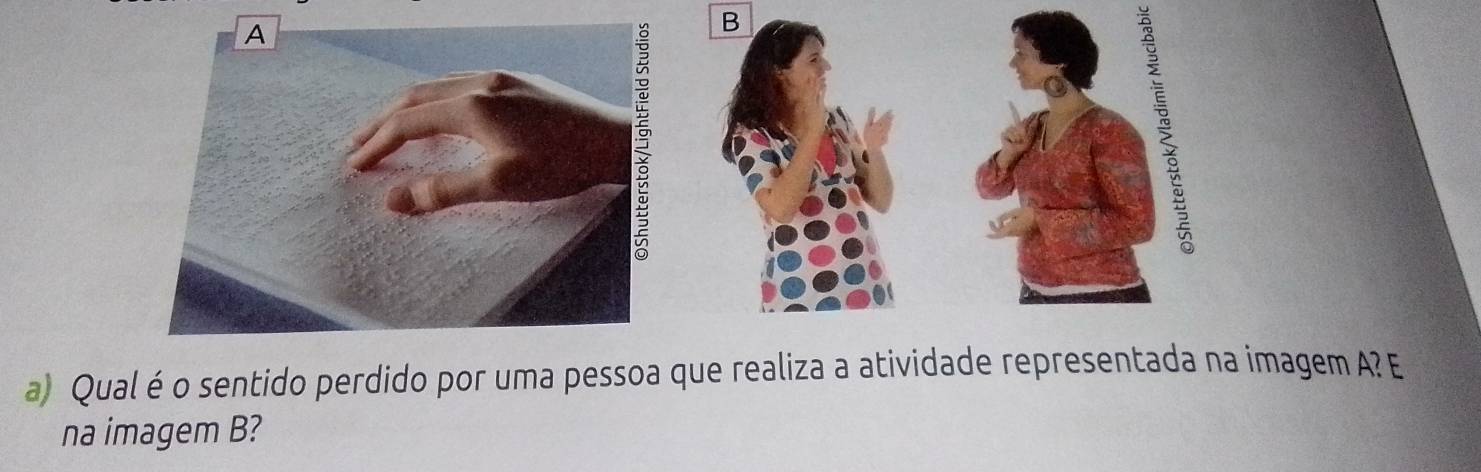 Qual é o sentido perdido por uma pessoa que realiza a atividade representada na imagem A? E 
na imagem B?