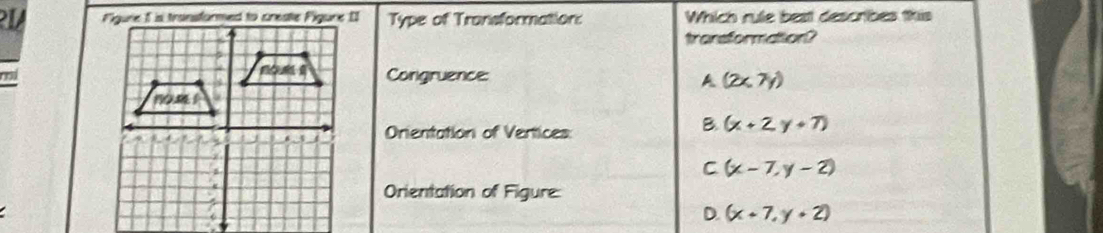 RIA Type of Transformation: Which rule best describes this
transformaton?
DCongruence: A (2x,7y)
Orientation of Vertices
B (x+2,y+7)
C (x-7,y-2)
Orientation of Figure:
D. (x+7,y+2)