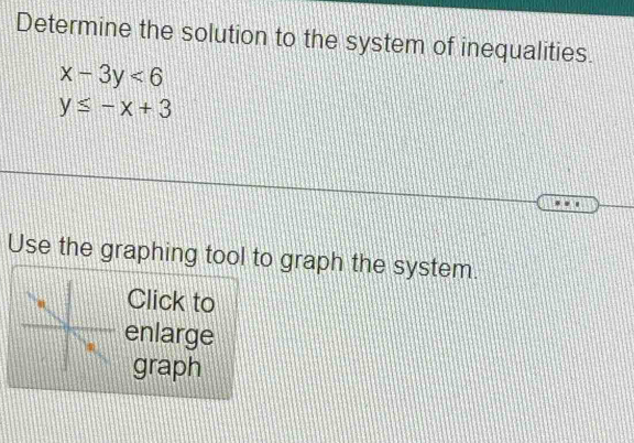 Determine the solution to the system of inequalities.
x-3y<6</tex>
y≤ -x+3
Use the graphing tool to graph the system.
Click to
enlarge
graph