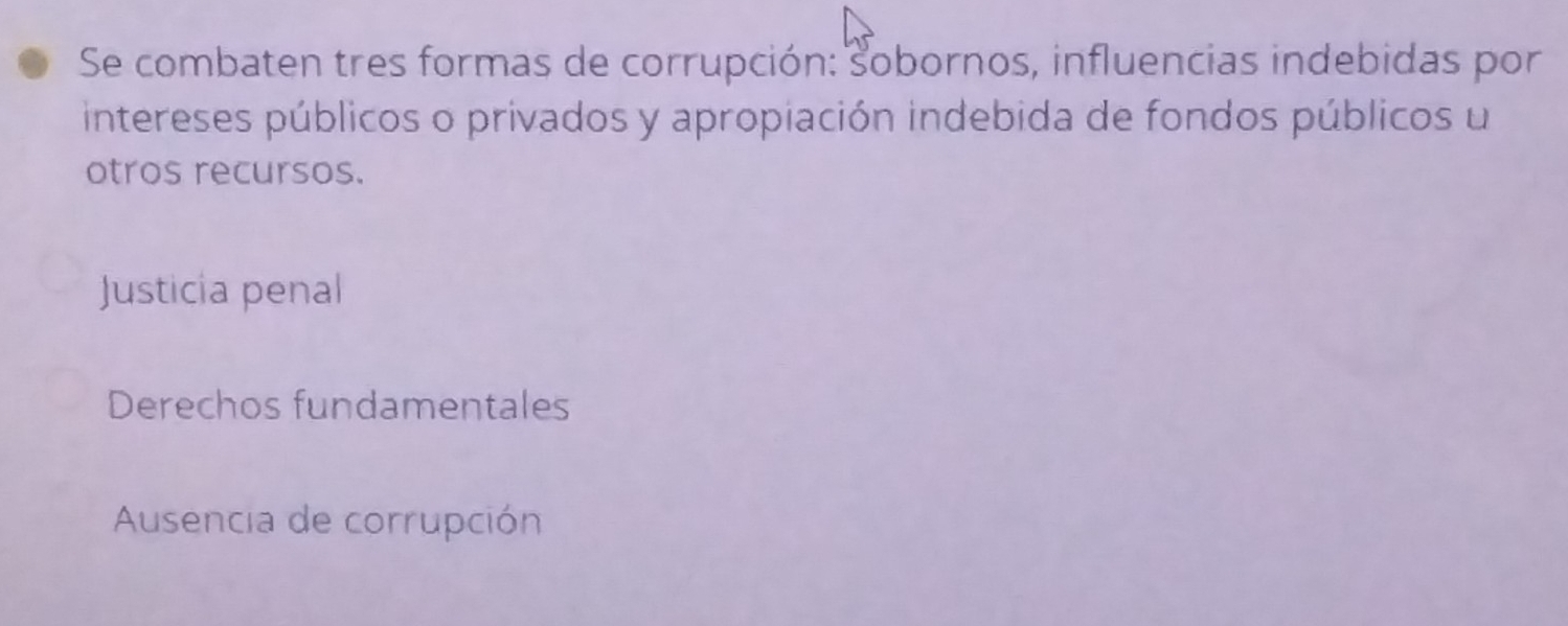 Se combaten tres formas de corrupción: sobornos, influencias indebidas por
intereses públicos o privados y apropiación indebida de fondos públicos u
otros recursos.
Justicia penal
Derechos fundamentales
Ausencia de corrupción