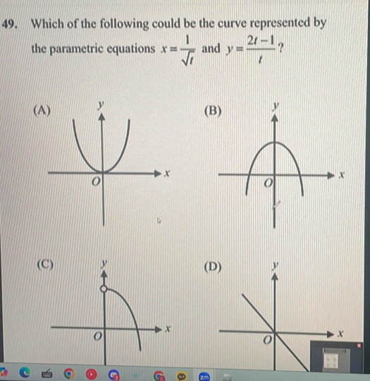 Which of the following could be the curve represented by 
the parametric equations x= 1/sqrt(t)  and y= (2t-1)/t  ? 
( 
(C)(