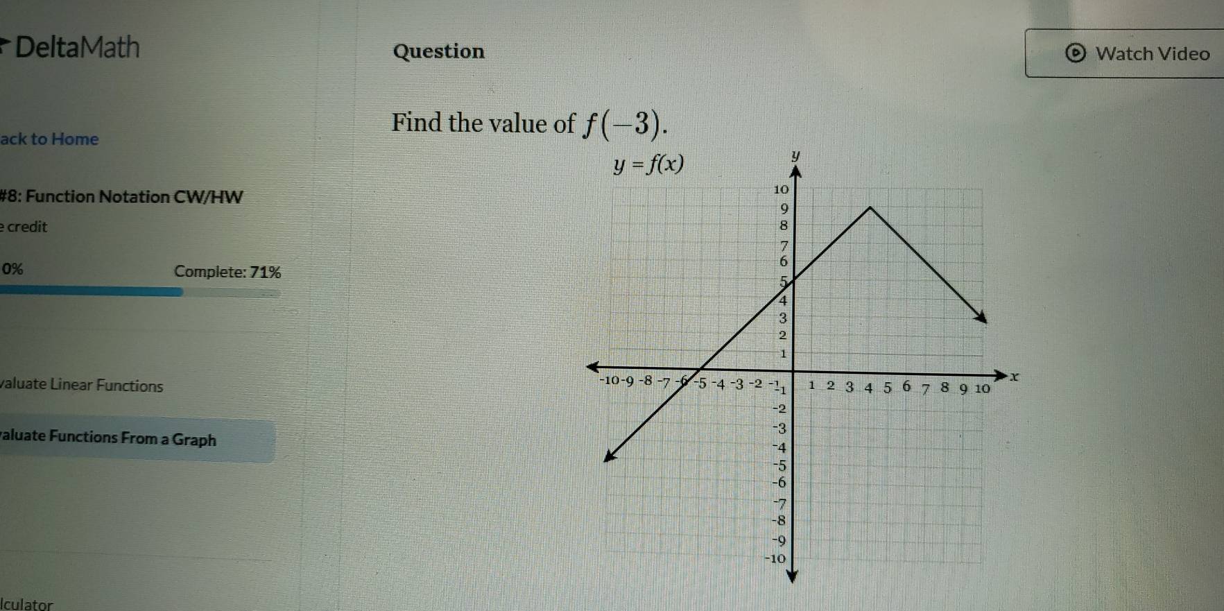 DeltaMath Question Watch Video
Find the value of f(-3).
ack to Home
#8: Function Notation CW/HW
credit
0% Complete: 71% 
valuate Linear Functions 
valuate Functions From a Graph
Iculator