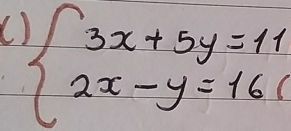 beginarrayl 3x+5y=11 2x-y=160endarray.