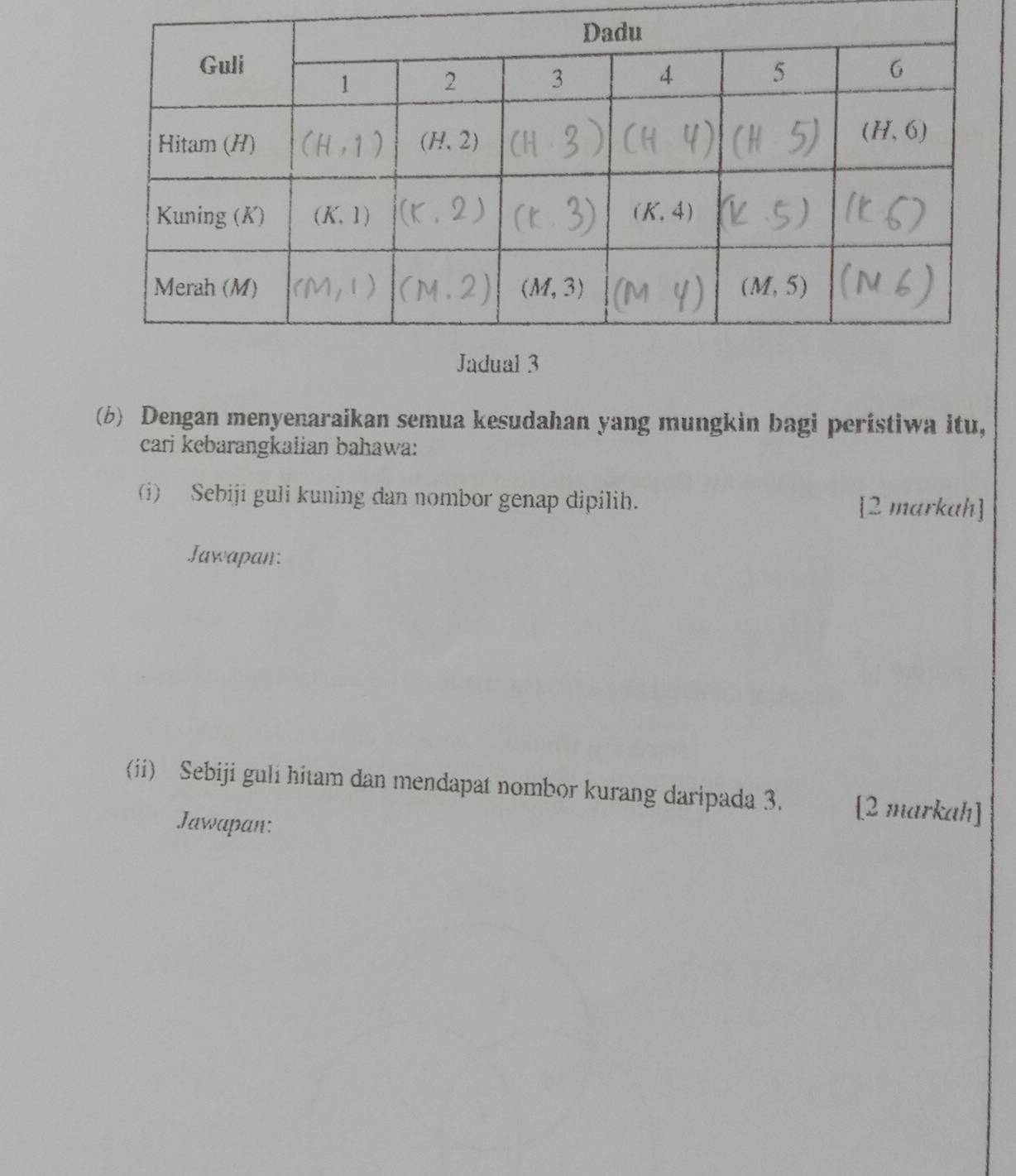 Dengan menyenaraikan semua kesudahan yang mungkin bagi peristiwa itu,
cari kebarangkalian bahawa:
(i) Sebiji guli kuning dan nombor genap dipilih. [2 markah]
Jawapan:
(ii) Sebiji guli hitam dan mendapat nombor kurang daripada 3. [2 markah]
Jawapan: