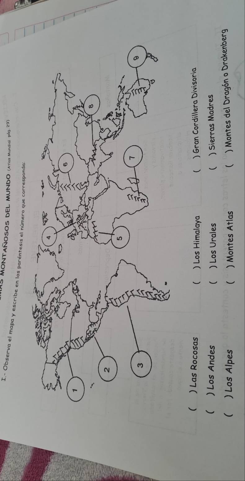 AS MONTAÑOSOS DEL MUNDO (Atlas Mundial pág. 29)
I.- Observa el mapa y escribe en los paréntesis el número que corresponda:
( ) Las Rocosas ( ) Los Himalaya ( ) Gran Cordillera Divisoria
( ) Los Andes ( ) Los Urales ( ) Sierras Madres
( ) Los Alpes ( ) Montes Atlas ( ) Montes del Dragón o Drakenberg