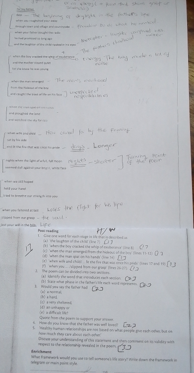You ' my fach es .
when you roughshed yout awas dand — ThE     
through town and village and countryside --
when your father sought the rails
he had promised so long ag 
and the laughter of the child rippled in his eye 
-1
when the boy cracked the whip of exuberance 
and she mother staved qure 
for she knew he wes young.
whas the man emerges
from the hiseout of the boy
and caught the blst of life on his face .
when the man spat on n a  n   
and plouched the land .
and watched she sky for rai 
when wife and shild 
sot by his side
and lt the fire that was once his pride 
nights when the light of a full , fall moon 
seemed dull against your brighl, white face
when we still hoped
held your hand
tried to breathe our strangth into you 
when you faitered at last
slipped from our grasp 
jast your will in the hills. Post reading
1. Give one word for each stage in life that is clescribed as
(a) 'the laughter of the child' (line 7)
(b) 'when the boy cracked the whip of exuberance' (l
(c) 'when the man emerged/from the hideout of the boy' (lines 17-12
(d) 'when the man spat on his hands' (line 14)
(e) ‘when wife and child?... lit the fire that was once his price’ (lines 17 and 19
(f) 'when you .. . /slipped from our grasp' (lines 26-2
2. The poem can be divided into two sections.
(a) Identify the word that introduces each section.
(b) State what phase in the father's life each word represents.
3. Would you say the father had (a) a normal,
(b) a hard,
(c) a very sheltered.
(e) a diffcult life? (d) an unhappy or
Quote from the peem to support your answer.
4. How do you know that the father was well loved?
5. 'Healthy numan relationships are not based on what people give each other but on
how much they care about each other.'
Discuss your understanding of this statement and then comment on its validity with
respect to the relationship revealed in the poem.
Enrichment
What framework would you use to tell someone's life story? Write down the framework in
telegram or main point style.
_