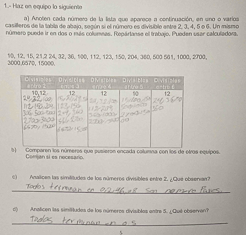 1.- Haz en equipo lo siguiente 
a) Anoten cada número de la lista que aparece a continuación, en uno o varios 
casilleros de la tabla de abajo, según si el número es divisible entre 2, 3, 4, 5 o 6. Un mismo 
número puede ir en dos o más columnas. Repártanse el trabajo. Pueden usar calculadora.
10, 12, 15, 21, 2 24, 32, 36, 100, 112, 123, 150, 204, 360, 500 561, 1000, 2700,
3000, 6570, 15000. 
ren los números que pusieron encada columna con los de otros equipos. 
Corrijan sì es necesario. 
c) Analicen las similitudes de los números divisibles entre 2. ¿Qué observan? 
_ 
d) Analicen las similitudes de los números divisibles entre 5. ¿Qué observan? 
_ 
5