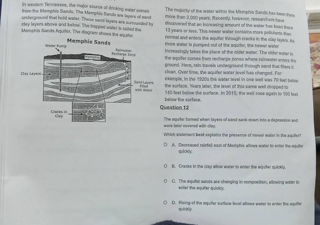 In western Tennessee, the major source of drinking water comes The majority of the water within the Memphis Sands has been there
from the Memphis Sands. The Memphis Sands are layers of sand more than 2,000 years. Recently, however, researchers have
underground that hold water. These sand layers are surrounded by discovered that an increasing amount of the water has been there
clay layers above and below. The trapped water is called the 13 years or less. This newer water contains more pollutants than
Memphis Sands Aquifer. The diagram shows the aquifer. normal and enters the aquifer through cracks in the clay layers. As
Memphis Sands more water is pumped out of the aquifer, the newer water
increasingly takes the place of the older water. The older water in
the aquifer comes from recharge zones where rainwater enters the
ground. Here, rain travels underground through sand that filters it
clean. Over time, the aquifer water level has changed. For
example, in the 1920s the water level in one well was 70 feet below
the surface. Years later, the level of this same well dropped to
140 feet below the surface. In 2010, the well rose again to 100 feet
below the surface.
uestion 12
The aquifer formed when layers of sand sank down into a depression and
were later covered with clay.
Which statement best explains the presence of newer water in the aquifer?
A. Decreased rainfall east of Memphis allows water to enter the aquifer
quickly.
B. Cracks In the clay allow water to enter the aquifer quickly.
C. The aquifer sands are changing in composition, allowing water to
enter the aquifer quickly.
D. Rising of the aquifer surface level allows water to enter the aquifer
quickly.